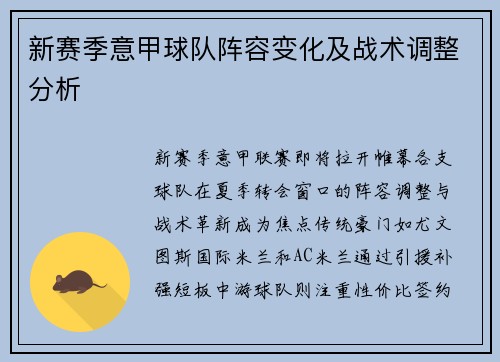 新赛季意甲球队阵容变化及战术调整分析