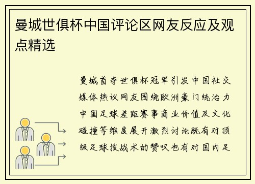 曼城世俱杯中国评论区网友反应及观点精选