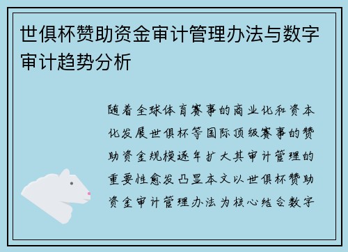 世俱杯赞助资金审计管理办法与数字审计趋势分析